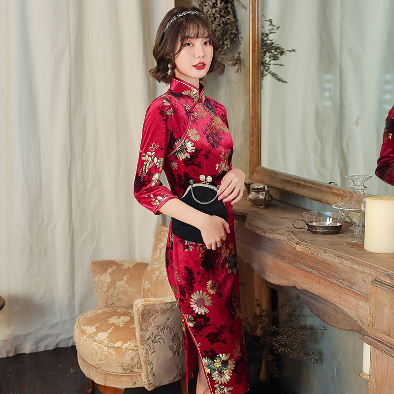 3/4 Sleeve Knee Length Floral Velvet Traditional Cheongsam Chinese Dress