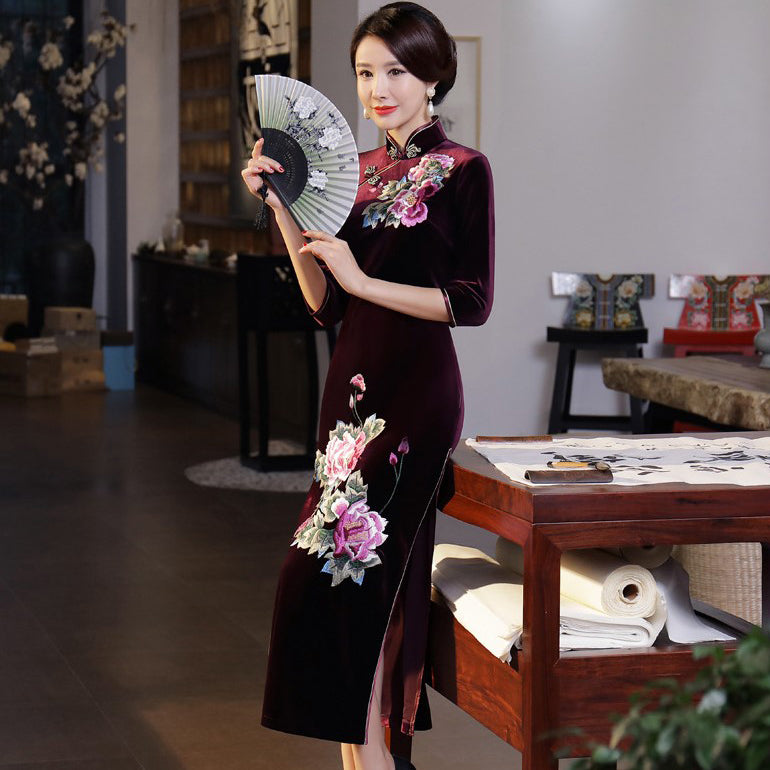 burgundy chinese dress A-line Wedding Qipao, A-line Wedding red Cheongsam, Chinese dress Burgundy / S