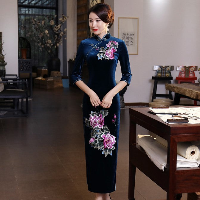 navy blue cheongsam dress Navy Blue Chiffon Qipao / Cheongsam Dress in Printed Leaf