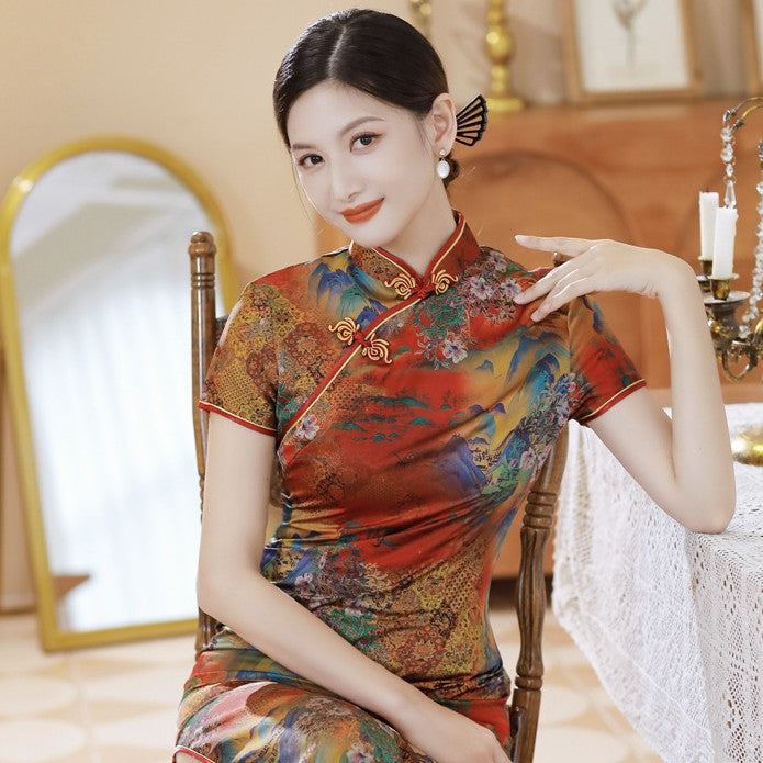 Cap Sleeve Landscape Pattern Silk Traditional Cheongsam Chinese Dress – IDREAMMART