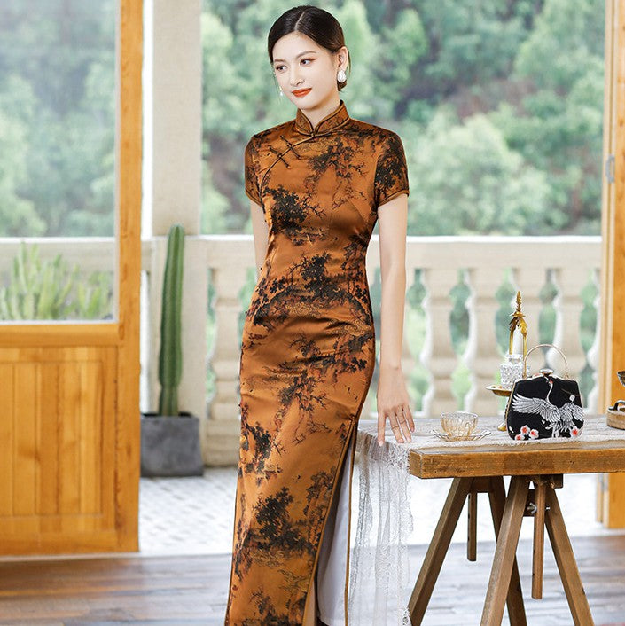 silk asian dress Hanfu Modern Blue Chinese Dress Qipao Evening Dresses Silk Cheongsam Dress