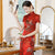 3/4 Ärmel Blumenstickerei Samt Traditionelles Cheongsam Chinesisches Kleid Mutterkleid