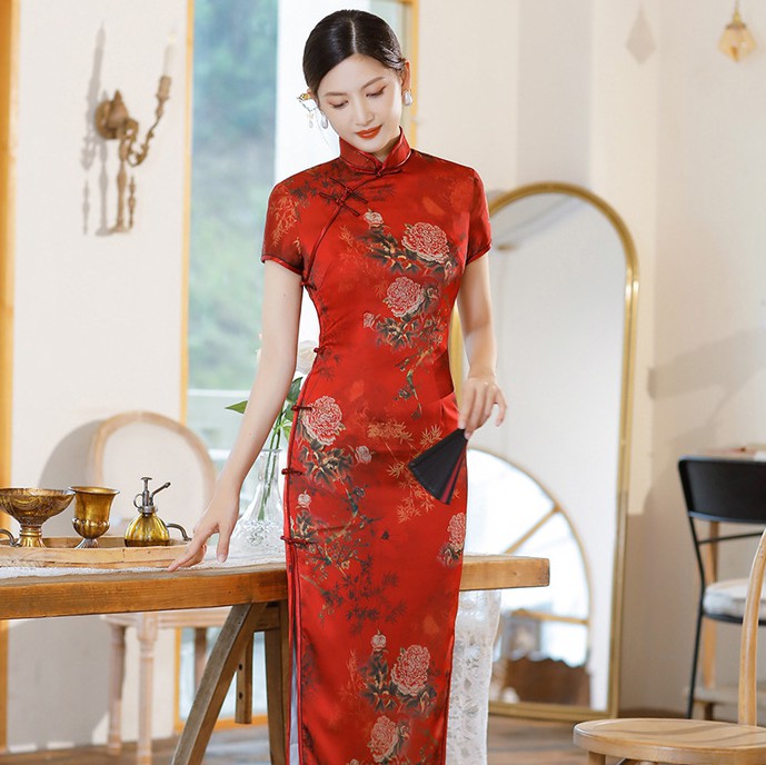 Cap Sleeve Peony Pattern Silk Traditional Cheongsam Chinese Dress Evening Dress Red / M Cap Sleeve Peony Pattern Silk Traditional Cheongsam Chinese Dress Evening Dress Red / M