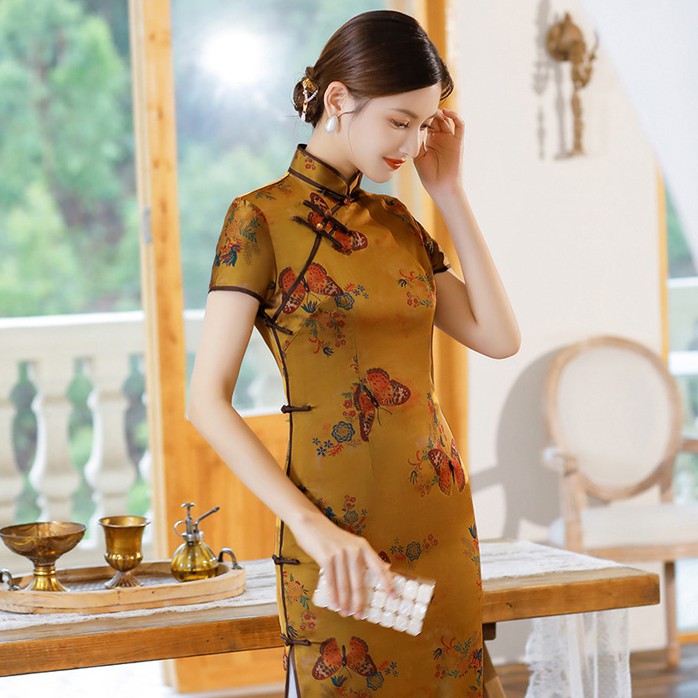 Cap Sleeve Butterfly Pattern Silk Traditional Cheongsam Chinese Dress Evening Dress Brown / L Cap Sleeve Butterfly Pattern Silk Traditional Cheongsam Chinese Dress Evening Dress Brown / L
