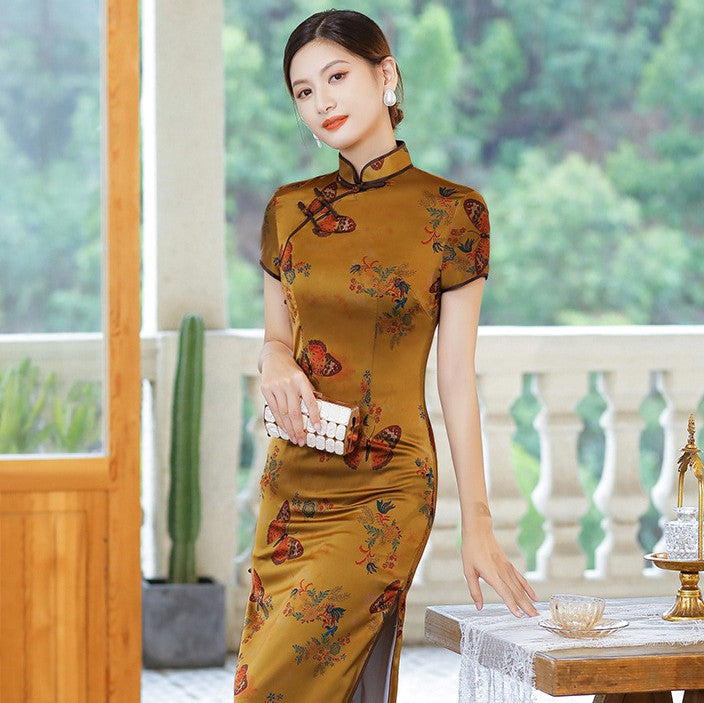 Cap Sleeve Butterfly Pattern Silk Traditional Cheongsam Chinese Dress –  IDREAMMART