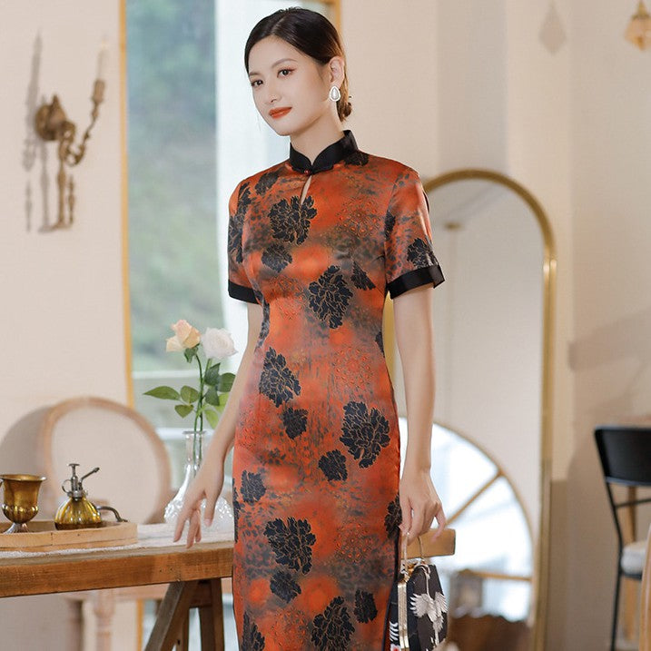 Short Sleeve Floral Silk Traditional Cheongsam Chinese Dress Evening Dress Red / XL Short Sleeve Floral Silk Traditional Cheongsam Chinese Dress Evening Dress Red / XL