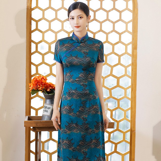 Short Sleeve Landscape Pattern Silk Traditional Cheongsam Knee Length Chinese Dress Brown / L Short Sleeve Landscape Pattern Silk Traditional Cheongsam Knee Length Chinese Dress Brown / L