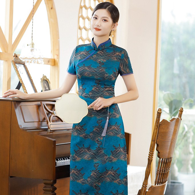 Short Sleeve Landscape Pattern Silk Traditional Cheongsam Knee Length Chinese Dress Blue / M Short Sleeve Landscape Pattern Silk Traditional Cheongsam Knee Length Chinese Dress Blue / M