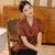 Short Sleeve V Neck Floral Silk Cheongsam Top Retro Chinese Blouse