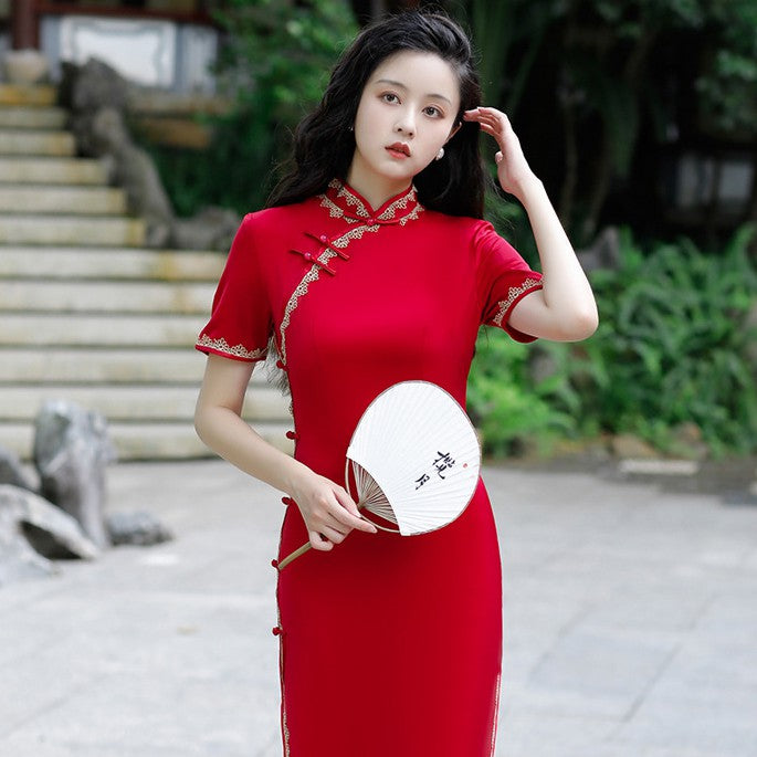 Short Sleeve Silk Traditional Cheongsam Chinese Dress with Lace Edge Red / L Short Sleeve Silk Traditional Cheongsam Chinese Dress with Lace Edge Red / L