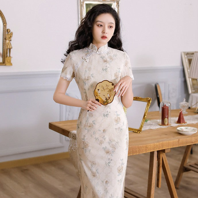Traditional Cheongsam Dress Short Short Sleeve Floral Tulle Chiffon Traditional Cheongsam Chinese Dress With Lace Edge Traditional Cheongsam Dress Short Short Sleeve Floral Tulle Chiffon Traditional Cheongsam Chinese Dress With Lace Edge