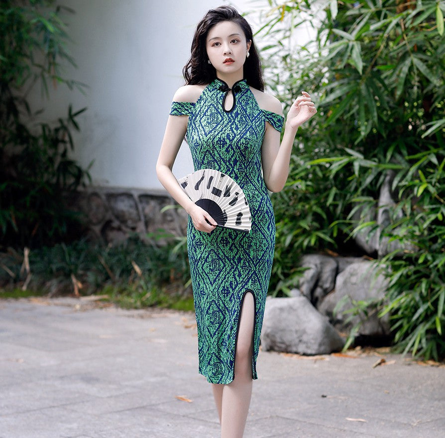Key Hole Neck Off Shoulder Cheongsam Floral Chinese Dress Stretchy Evening Gown Green / L