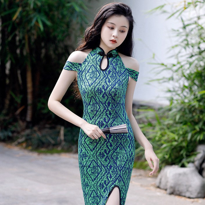 Key Hole Neck Off Shoulder Cheongsam Floral Chinese Dress Stretchy