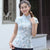 Camisa china estilo cheongsam floral de algodón exclusivo con mangas casquillo