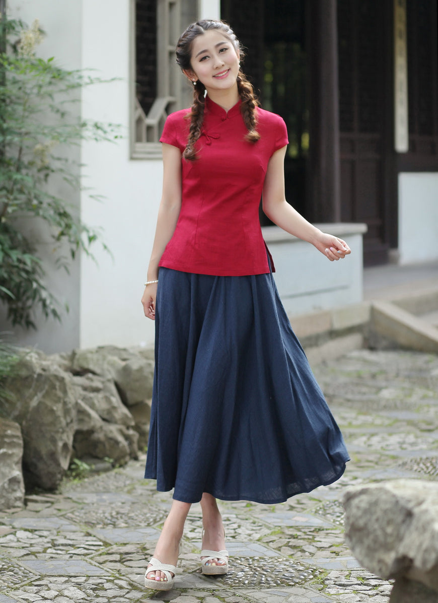 Cap Sleeve Signature Cotton Traditional Cheongsam Top Chinese Shirt