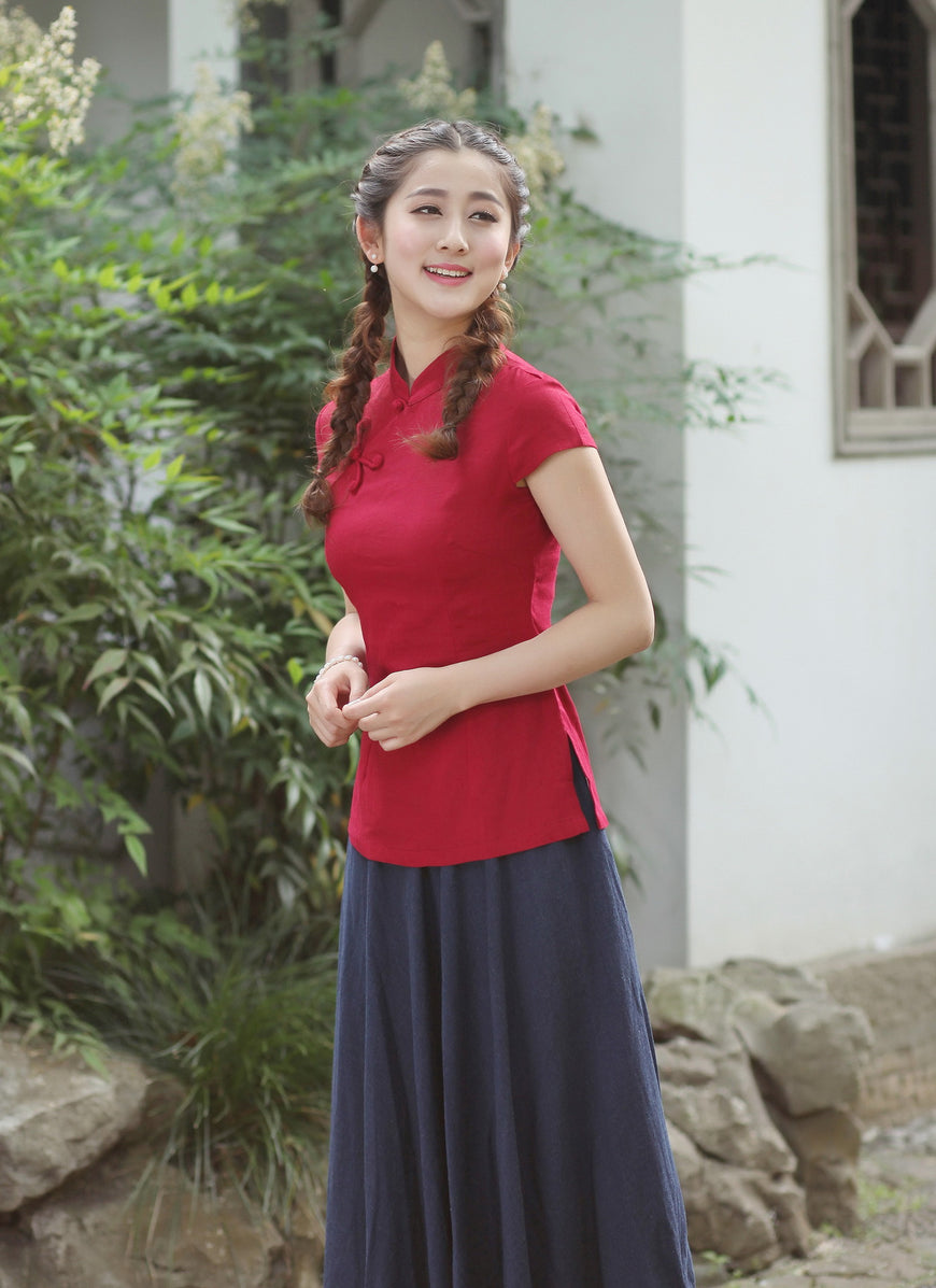 Cap Sleeve Signature Cotton Traditional Cheongsam Top Chinese Shirt