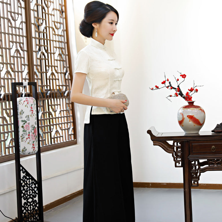 Short Sleeve Floral Lace Traditional Cheongsam Top Chinese Shirt