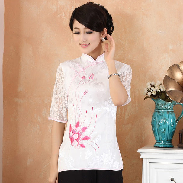 Floral Embroidery Illusion Sleeve Traditional Cheongsam Top Chinese Shirt