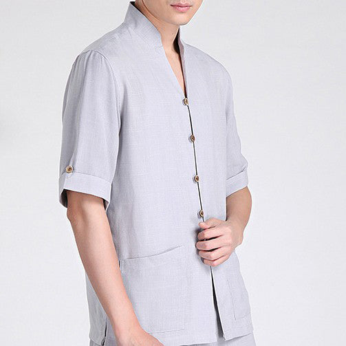Half Sleeve V Neck Linen Traditional Chinese Kung Fu Shirt Tai Chi Top