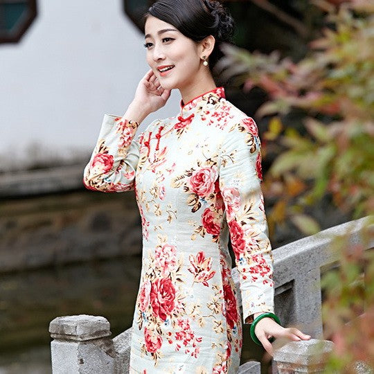 Long Sleeve Floral Signature Cotton Cheongsam Qipao Dress – IDREAMMART