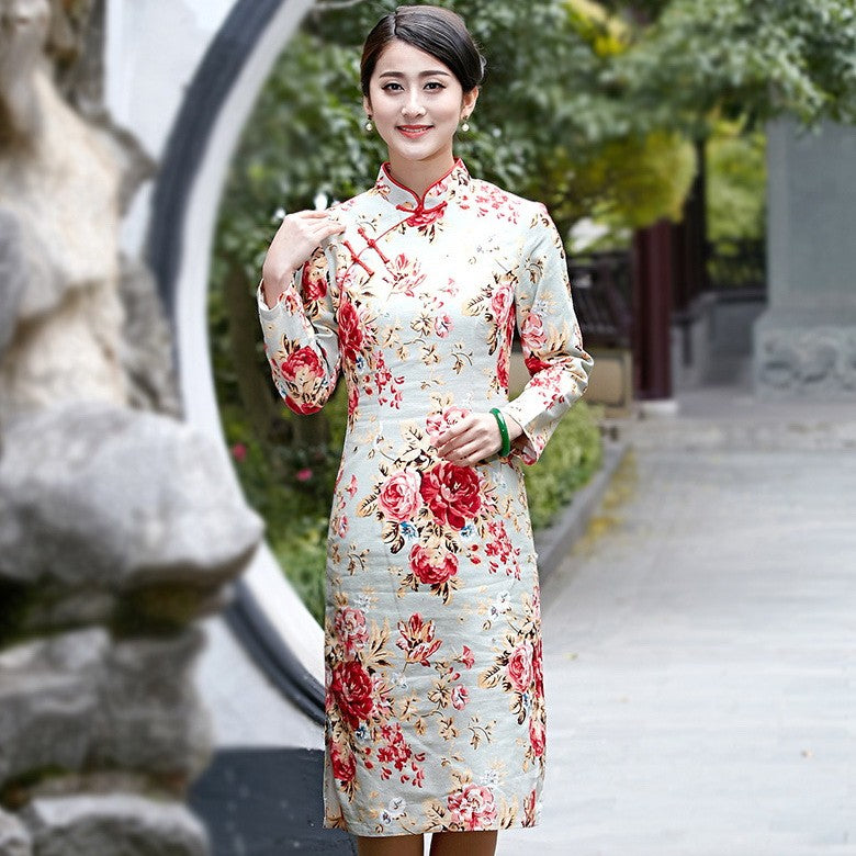 Long Sleeve Floral Signature Cotton Cheongsam Qipao Dress Long Sleeve Floral Signature Cotton Cheongsam Qipao Dress
