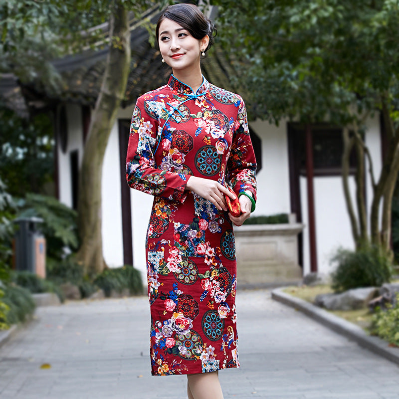 Traditional Signature Cotton Long Sleeve Floral Cheongsam Chinese Dres – IDREAMMART