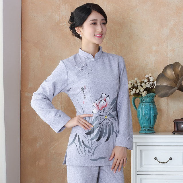 Lotus Print Signature Cotton Traditional Chinese Blouse