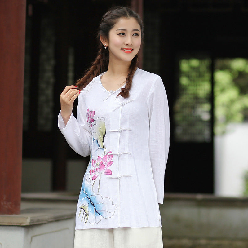 V Neck Chinese Style Floral Shirt with Strap Buttons