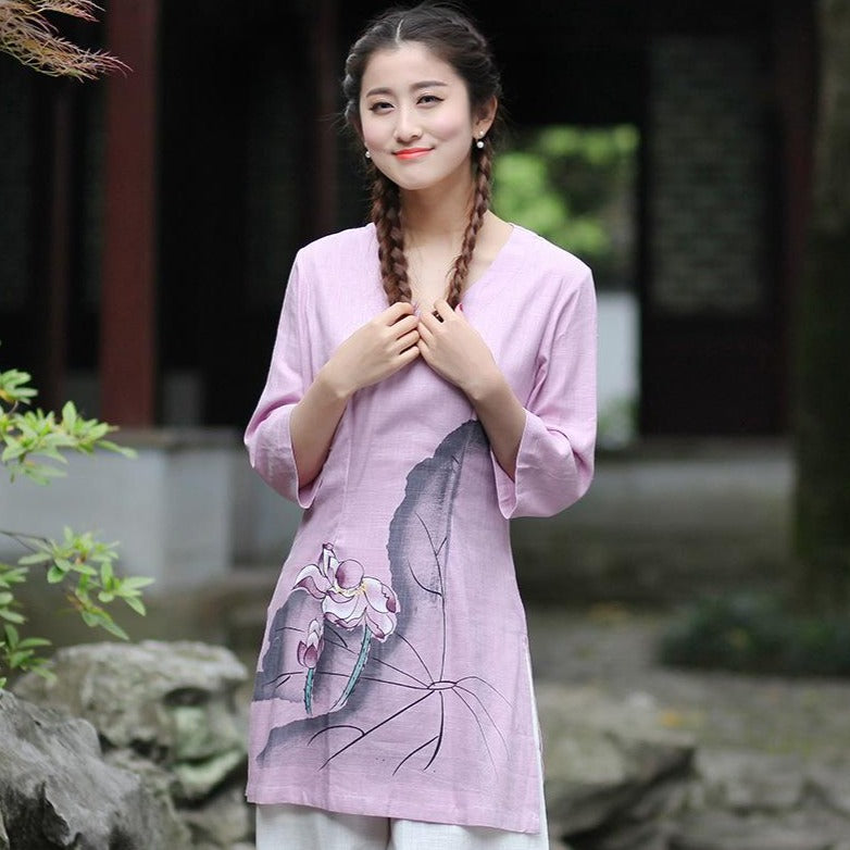 V Neck Mandarin Sleeve Chinese Style Floral Shirt with Strap Buttons