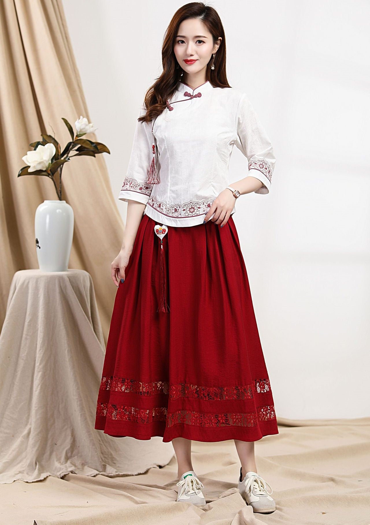 Signature Cotton Full Length Chinese Style Skirt with Tassel – IDREAMMART