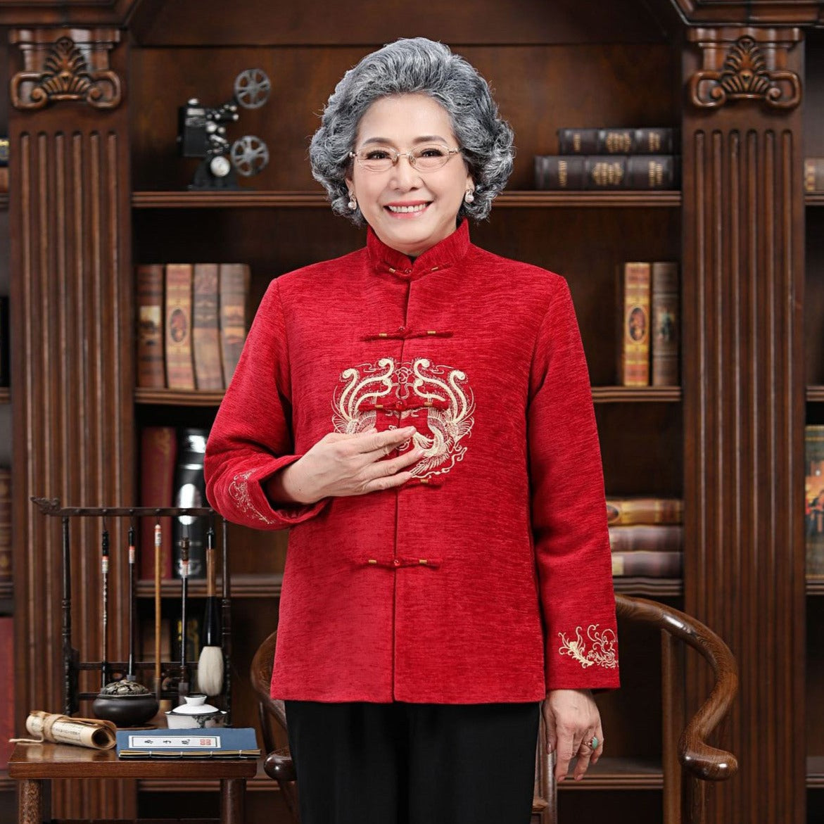 Mandarin Collar Phoenix Embroidery Corduroy Traditional Chinese