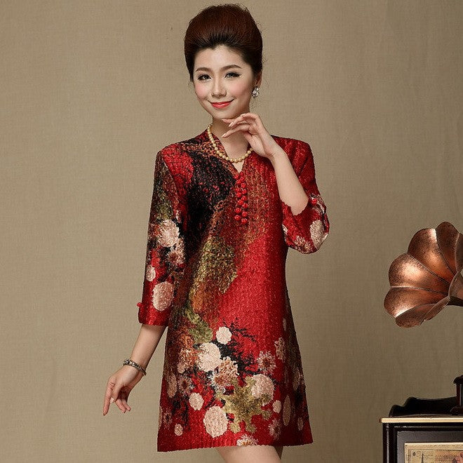 plus size chinese new year dress V Neck 3/4 Sleeve Floral Linen Chinese Style Mother Dress Plus Size