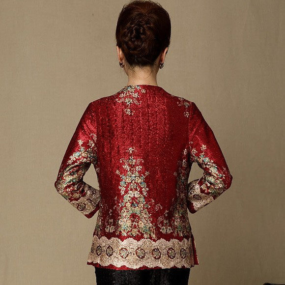 Round Neck 3/4 Sleeve Floral Linen Chinese Style Women's Coat
