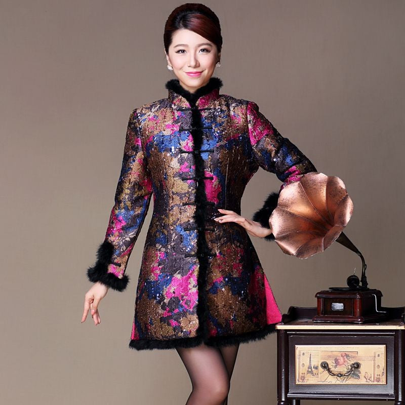 Floral Silk & Linen Chinese Style Long Women's Wadded Coat