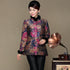 Abrigo acolchado de mujer estilo chino de seda y lino floral con botones de correa