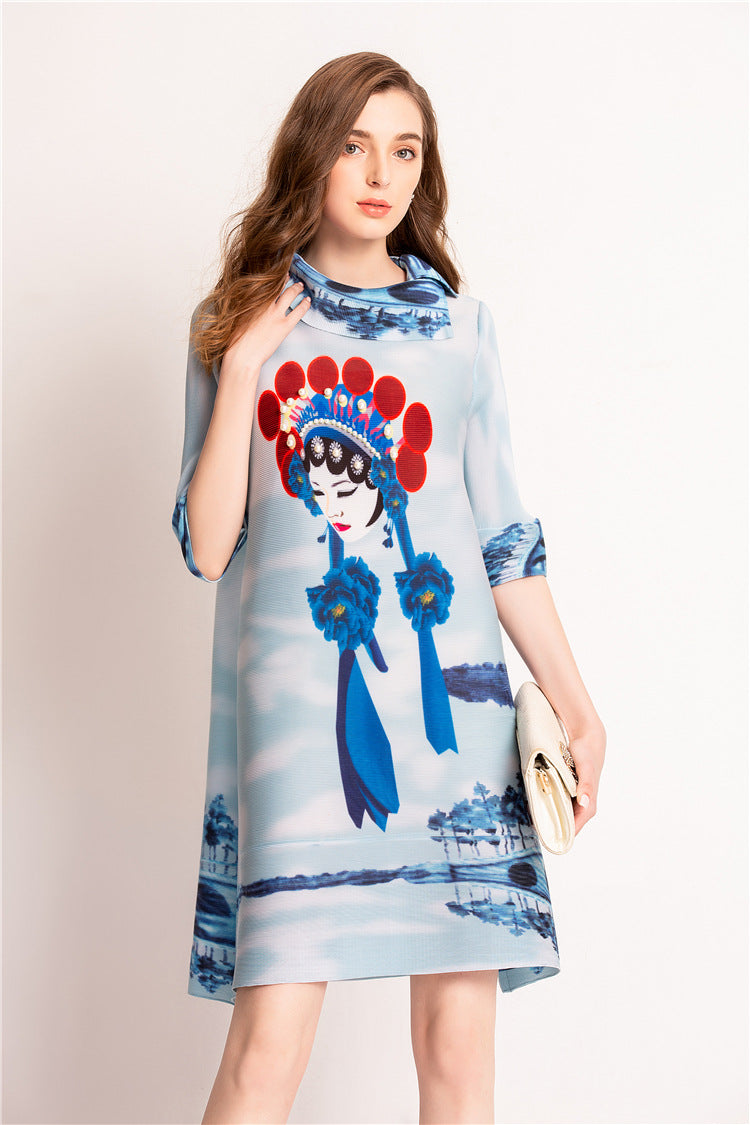 Beijing Opera Pattern Half Sleeve A-line Dress – IDREAMMART