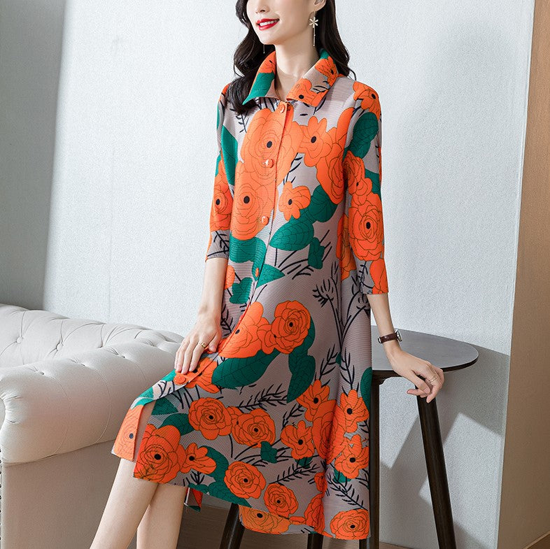 3/4 Sleeve Folded Floral Print Chinese Style Casual Dress Boho Dress 3/4 Sleeve Folded Floral Print Chinese Style Casual Dress Boho Dress