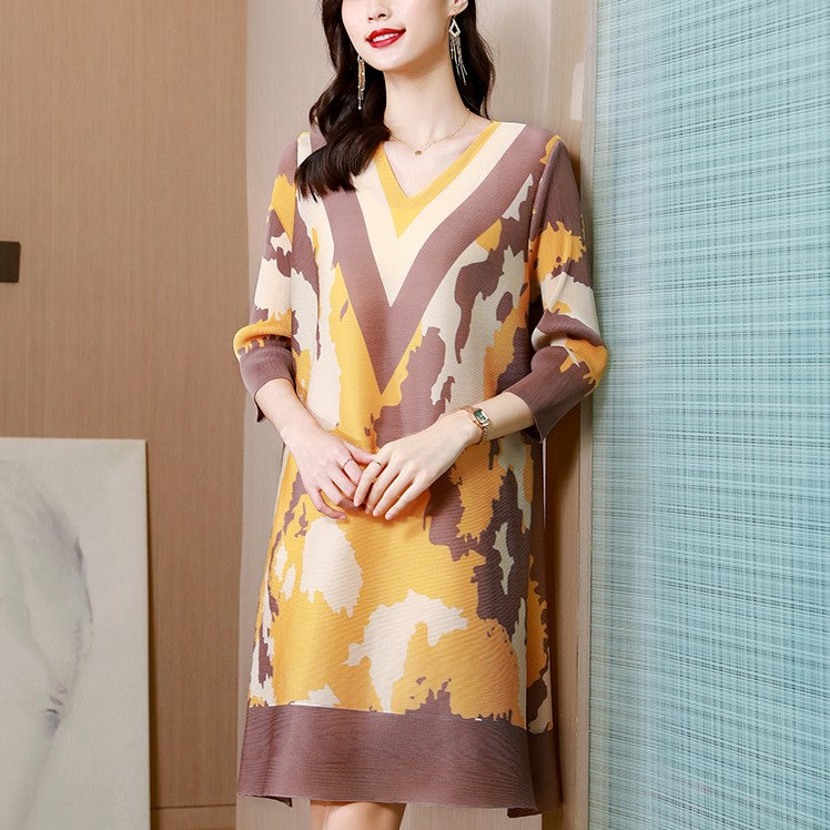 V Neck Folded Floral Print Chinese Style Casual Dress Boho Dress Yellow / Free Size V Neck Folded Floral Print Chinese Style Casual Dress Boho Dress Yellow / Free Size