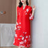3/4 Ärmel V-Ausschnitt Gefalteter Blumendruck Chinese Style Casual Dress Boho Dress