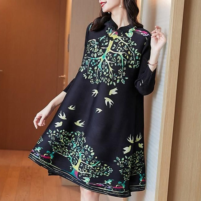 3/4 Sleeve Knee Length Folded Floral Print Chinese Style Casual Dress Boho Dress Black / Free Size 3/4 Sleeve Knee Length Folded Floral Print Chinese Style Casual Dress Boho Dress Black / Free Size