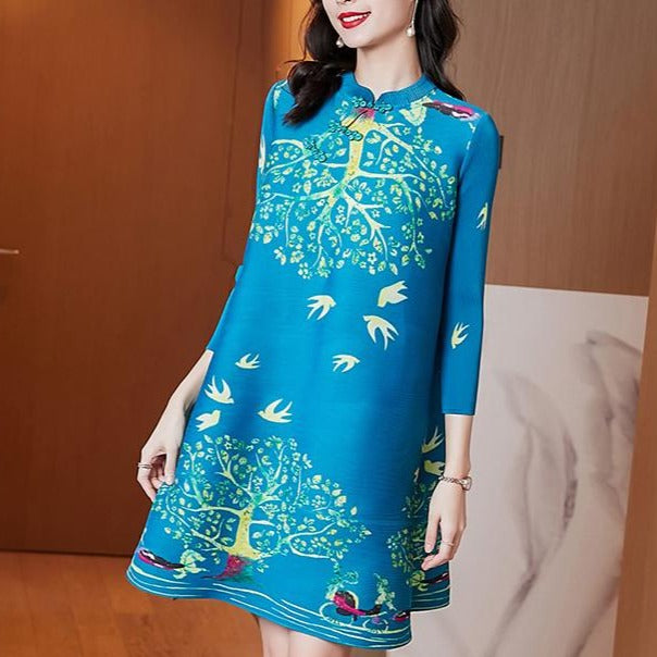 3/4 Sleeve Knee Length Folded Floral Print Chinese Style Casual Dress Boho Dress Blue / Free Size 3/4 Sleeve Knee Length Folded Floral Print Chinese Style Casual Dress Boho Dress Blue / Free Size