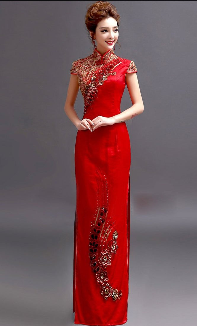 Floral Sequins Cap Sleeve Long Cheongsam Chinese Wedding Dress Red / M Floral Sequins Cap Sleeve Long Cheongsam Chinese Wedding Dress Red / M