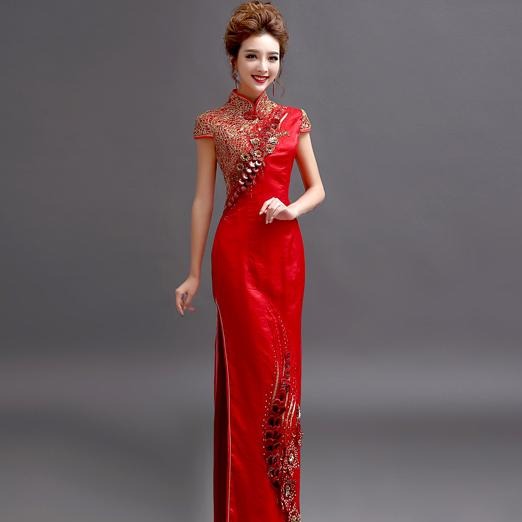 Floral Sequins Cap Sleeve Long Cheongsam Chinese Wedding Dress
