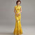 Illusion Neck Cheongsam Top Meerjungfrau Abendkleid mit Blumenapplikationen