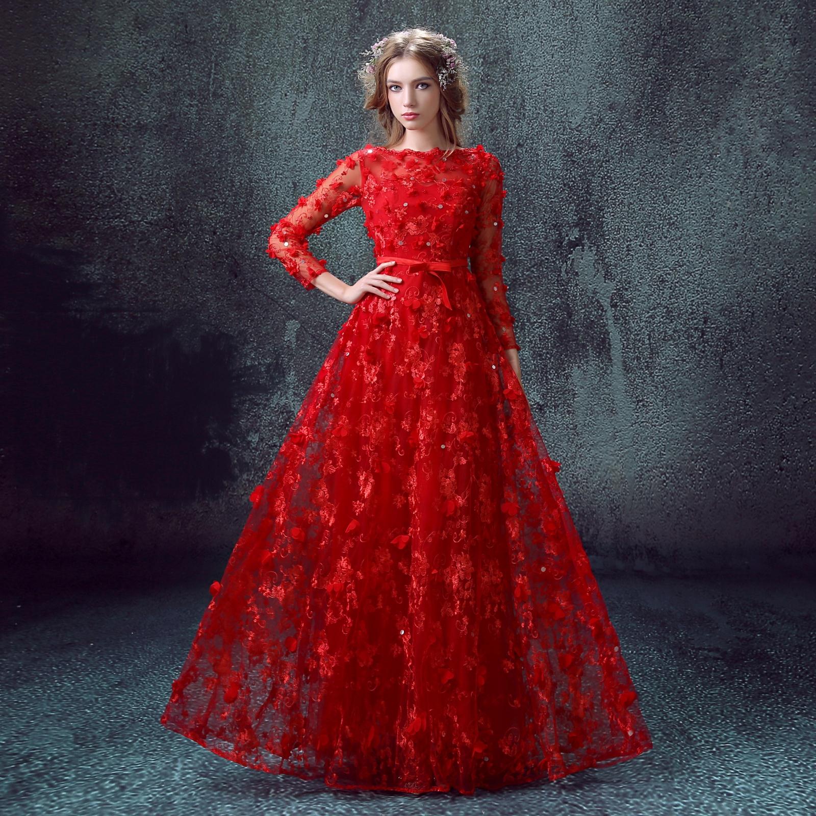 Buy THE LONDON STORE Women's Festival Red Evening Dress V-Neck Full Sleeve  Butterfly Appliques High-end Lace Ball Gown at Amazon.in