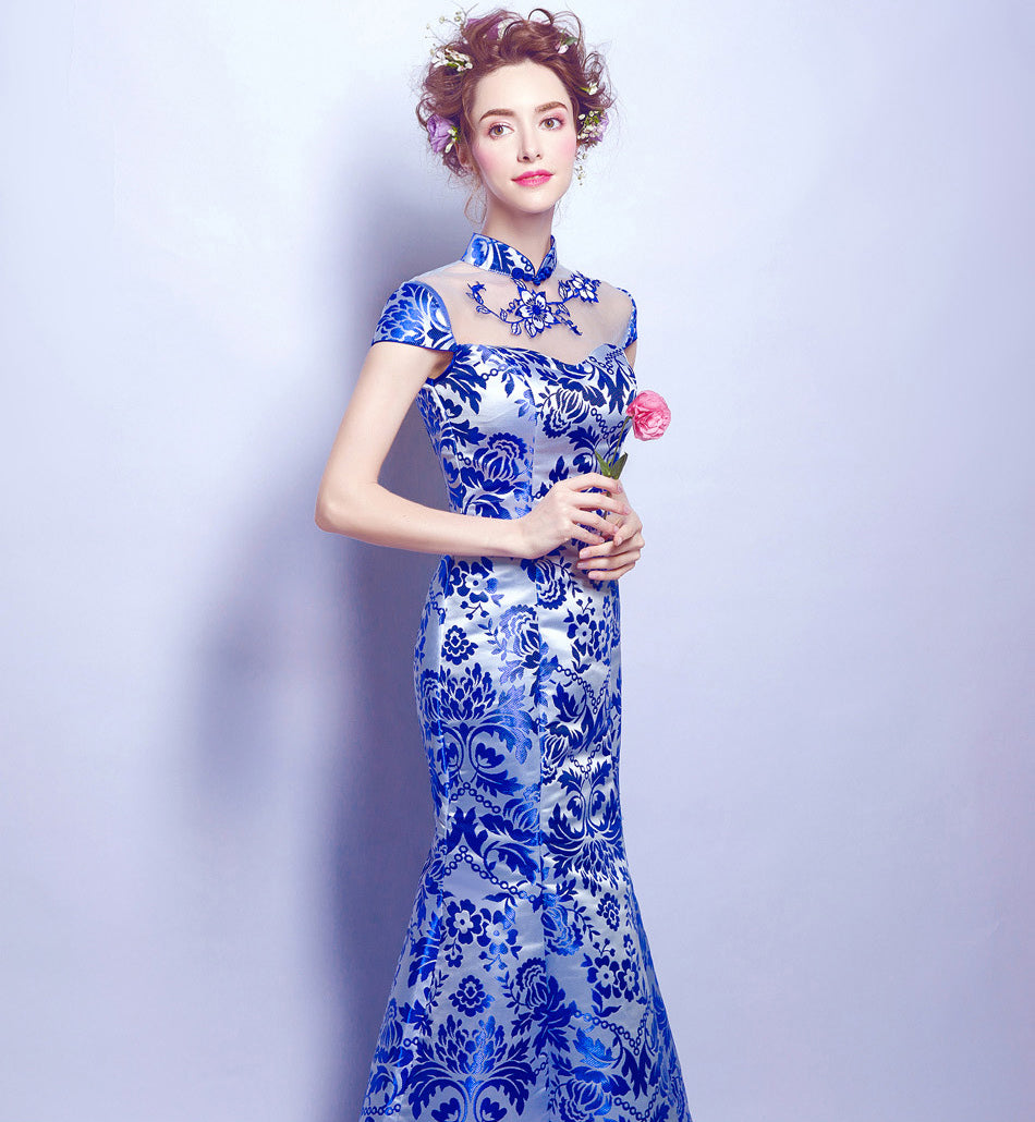Cap Sleeve Illusion Neck Mermaid Chinese Style Evening Dress Wedding Gown Blue / L Cap Sleeve Illusion Neck Mermaid Chinese Style Evening Dress Wedding Gown Blue / L
