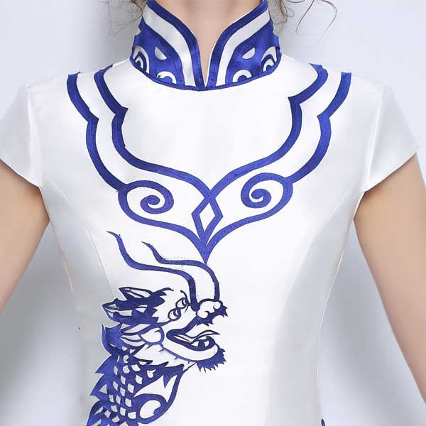 Blue & White Porcelain Pattern Chinese Style Wedding Dress with Cathedral Train Blue / 3XL Blue & White Porcelain Pattern Chinese Style Wedding Dress with Cathedral Train Blue / 3XL
