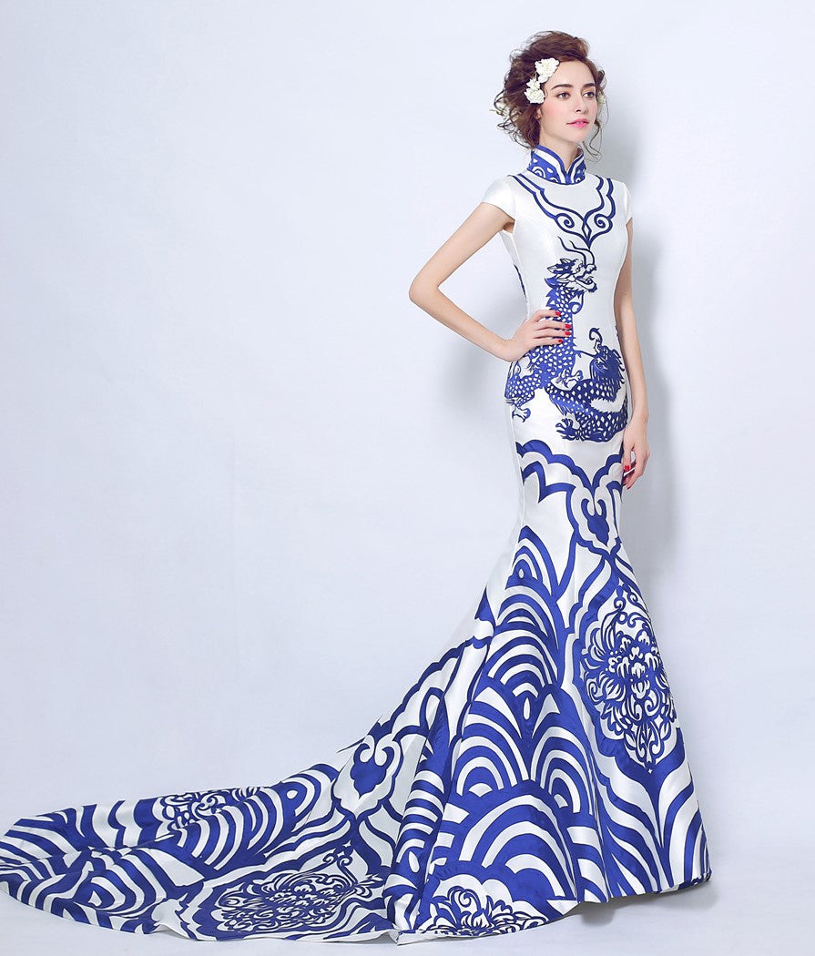 Blue & White Porcelain Pattern Chinese Style Wedding Dress with Cathedral Train Blue / M Blue & White Porcelain Pattern Chinese Style Wedding Dress with Cathedral Train Blue / M