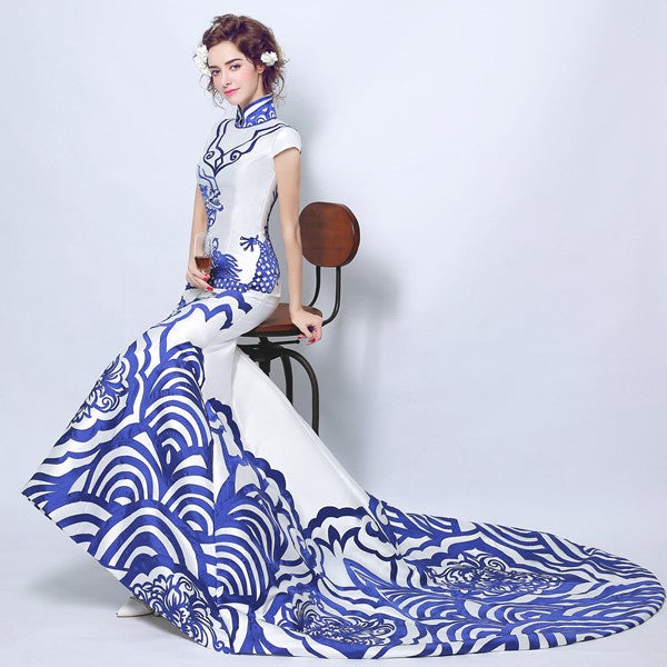 Blue & White Porcelain Pattern Chinese Style Wedding Dress with Cathed – IDREAMMART