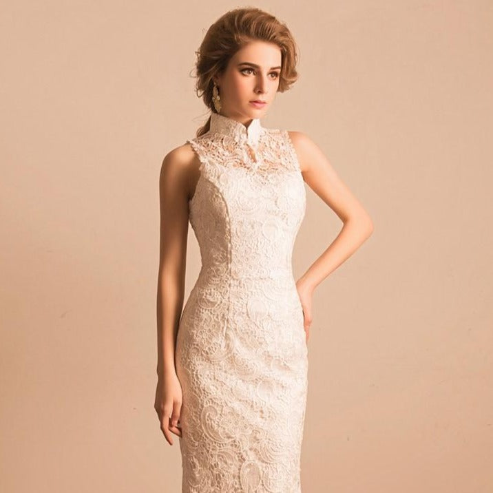 Cheongsam Style Floral Lace Chinese Wedding Dress Evening Gown White / 6XL Cheongsam Style Floral Lace Chinese Wedding Dress Evening Gown White / 6XL